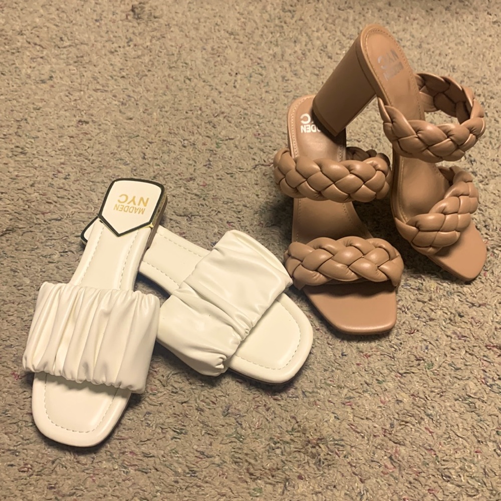 Madden NYC Braided Nude Heels and White Ruched Slides
